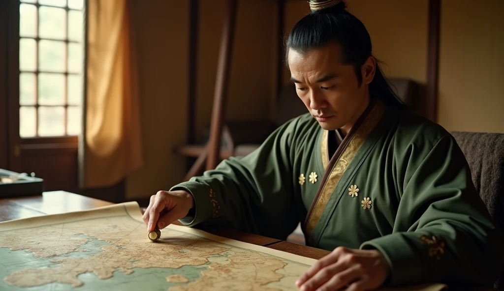 A screenshot from a movie clip,Shot with ultra-clear camera,Describe the Warring States Period,A military advisor from the state of Qi sat in his tent.,There is a map in front of him,He holds a bamboo slip in his left hand,Right hand pointing at the map