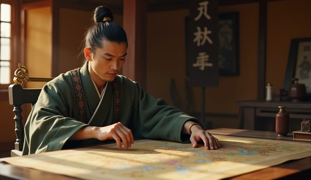 A screenshot from a movie clip，Shot with ultra-clear camera，Describe the Warring States Period，A military advisor from the state of Qi sat in his tent.，There is a map in front of him，He holds a bamboo slip in his left hand，Right hand pointing at the map