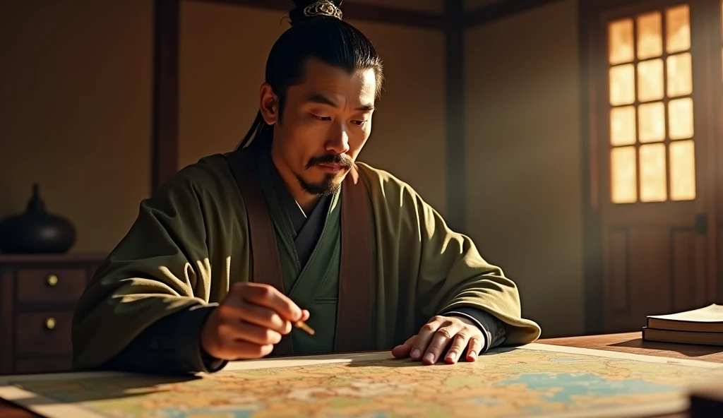 A screenshot from a movie clip，Shot with ultra-clear camera，Describe the Warring States Period，A military advisor from the state of Qi sat in his tent.，There is a map in front of him，He holds a bamboo slip in his left hand，Right hand pointing at the map