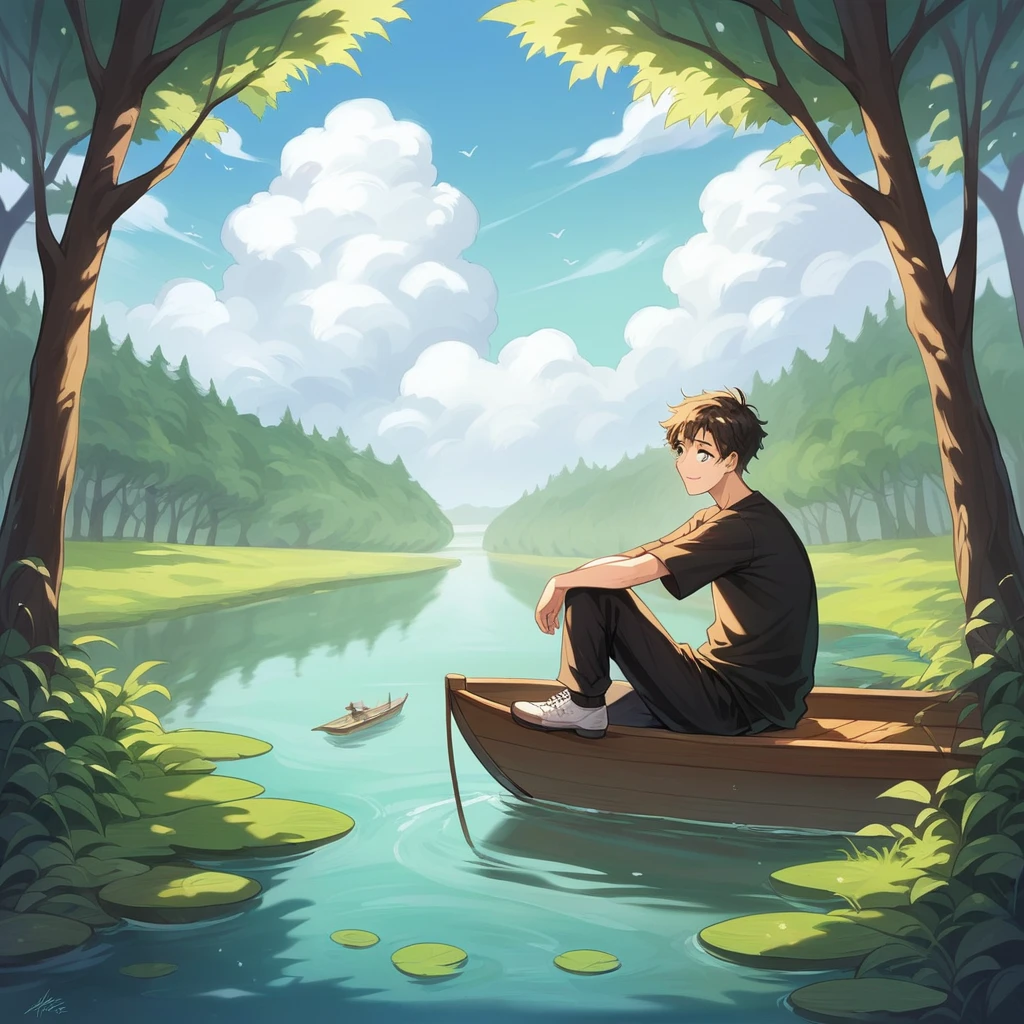 wide shoot photography A young Indonesian man with neat hair, wearing a black shirt, white t-shirt, black trousers, white shoes, sitting on a wooden boat in the middle of a calm lake. in the distance there are several small wooden huts with thatched roofs in a unique triangular shape and traditional nuance with verandas reflected in the calm water, surrounded by lush green plants and tall trees towering under the cloudy sky, the place is known as "Dusun Bambu Lembang" Bandung Indonesia, the atmosphere is calm and beautiful, smiling at the camera,
