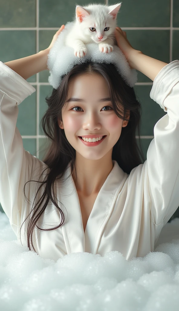 Create an Asian beauty with long hair,Regular facial features,Wearing a white satin bathrobe,Washing hair with both hands above the head,A cute white kitten next to it plays with the foam,Real bubbles,Foam envelops the beauty's entire head,Beautiful girl opens her eyes,The expression is happy,Upper Body,The characters are realistic and realistic,Bathroom Background,Character front position,9:16 frames,Ultra-high-definition picture quality