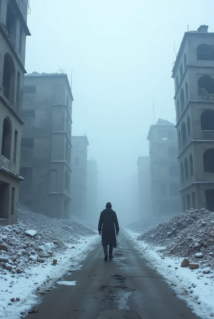 Snow on ruins, mysterious fog, deep and thick, wanderer, crumbling buildings, broken cars, bumpy roads, rubble, ruined modern civilization,