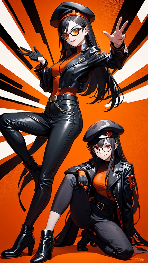 Villainous woman,DARK hair,sadistic smile,black beret,round orange glasses,leather jacket,orange shirt,orange camouflage military pants,leather shoes,threatening pose,villainous pose,extravagant pose,spilled paint background