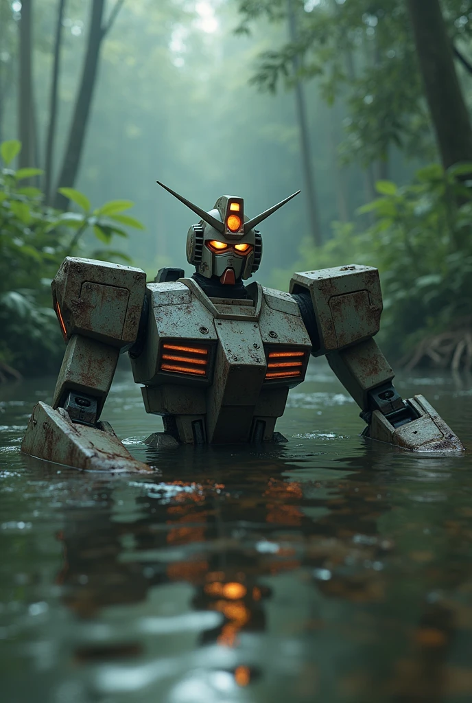a detailed highly detailed mechanical half body gundam robot sleeping peacefully floating in a calm river, with glowing eyes,A highly detailed, weathered, and battle-damaged Gundam mech model in a lush jungle setting, with moisture in the air, greenery all around, and a sense of decay and age, (best quality,4k,8k,highres,masterpiece:1.2),ultra-detailed,(realistic,photorealistic,photo-realistic:1.37),extremely detailed Gundam mech, highly detailed battle damage, missing hand, bullet holes, rusty and weathered surface, overgrown jungle, lush greenery, humidity, atmospheric lighting detailed surface textures, beautiful reflections in the water, mist and fog around the robot, cinematic dramatic lighting, photorealistic, 8k, high resolution, masterpiece
