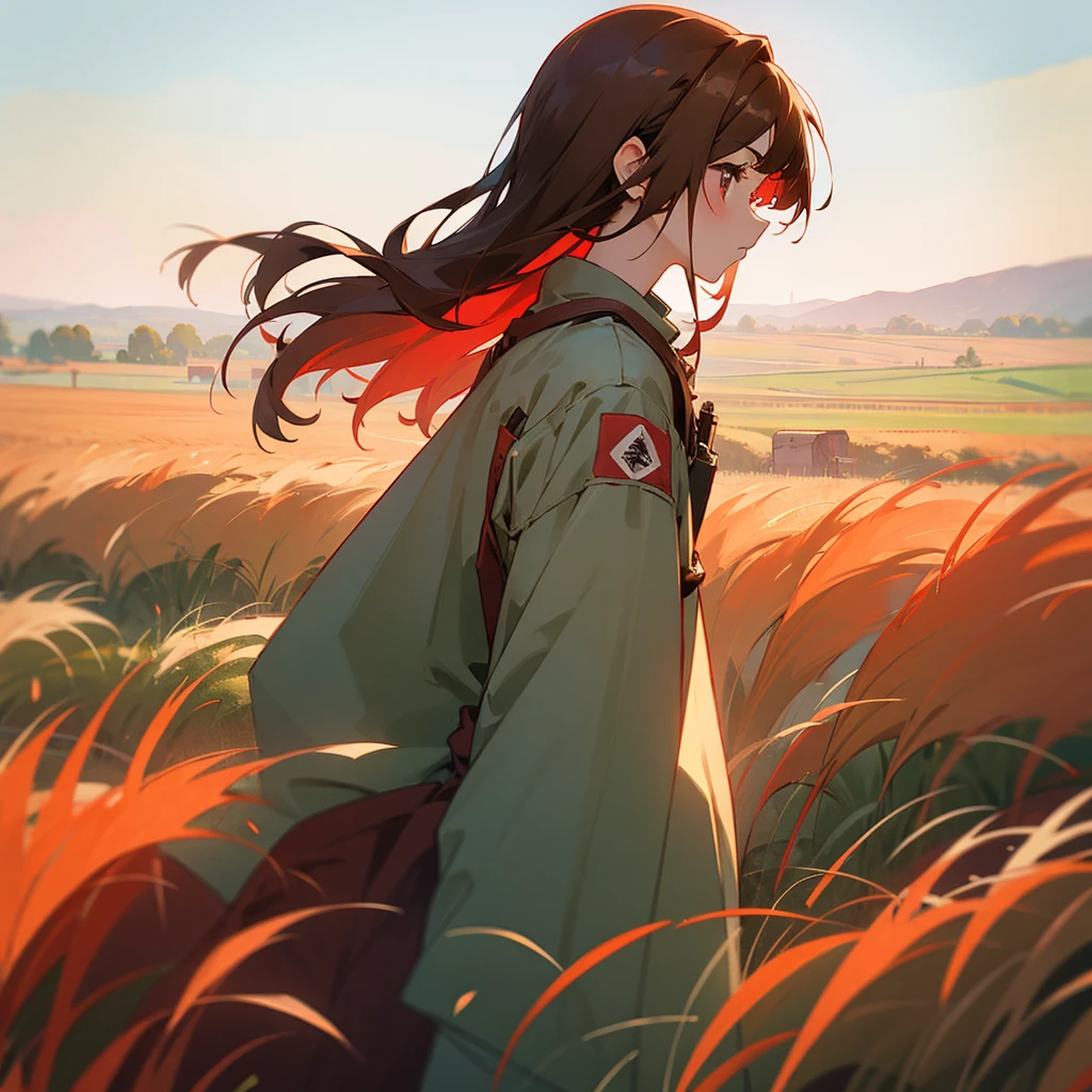 profile pic, girl with red details, field clothes, eyes browns, anime styling, farmland background