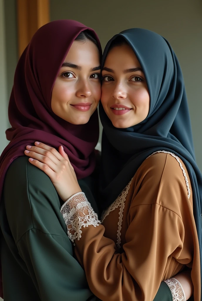 2 INDONESIAN WOMEN 30 YEARS OLD, wearing full clothes, one smiling, the other as if he was investigating, full of suspicion, envy but as if he was hiding something, a unique confusing atmosphere, the background was a panorama with a white and yellowish orange sky, something mysterious