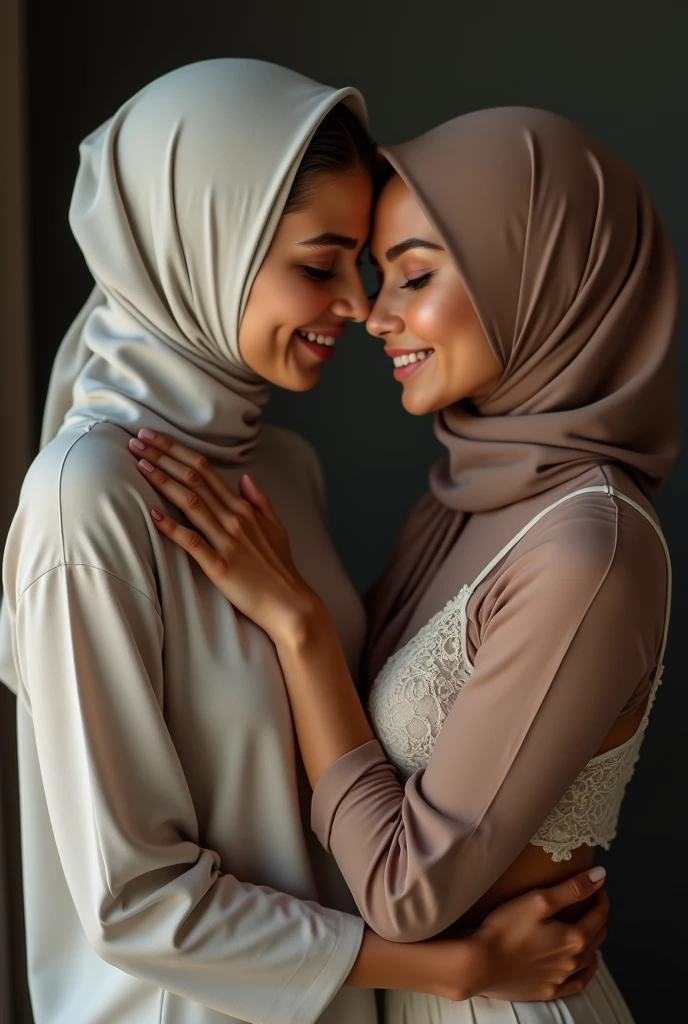 two hijab lesbian girl,lace bra,hugging from behind fingering,realistic,hd details,camera view