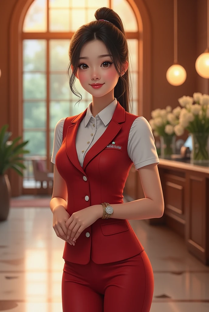 "Create an image of an 18-year-old Asian woman dressed in hotel receptionist attire. She has a cute face and is smiling. The image is full-body, with a slightly revealing outfit, giving a youthful appearance."