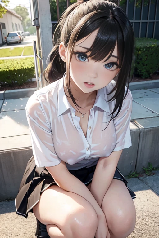 (Highest quality)), ((masterpiece)), (detailed), Natural light,Perfect Anatomy,(((A Cute High School Girl,Wearing a white open collar shirt and black skirt 1.8))),Very sexy,A young woman with a baby face,Small breasts,とてもSmall breasts,Woman squatting with knees raised,Spread your legs,
Beautiful woman,8-head body line,Small face,Beautiful Face,big, well-groomed eyes,Beautiful blue eyes,Beautiful double eyelids,Beautiful teeth alignment,Beautiful body lines,Slender body,Beautiful Hands,Beautiful legs,Long hands,Thin legs,Long legs,Long and supple hair,Shiny Hair,Beautiful blonde hair,Ponytail hair,Full Body Shot,Embarrassed expression,blush,Crying face,mouth half open,Beautiful shoulders,(Sweat),((Steam 1.4)),Embarrassed expression,blush,humiliation,((White open collar shirt 1.3)),High school uniform open collar shirt 1.8,Beautiful clavicle,Not wearing a bra,(((Valley 1.7))),mini skirt,White socks,Black Loafers,Red ribbon around neck,In front of the school gate,