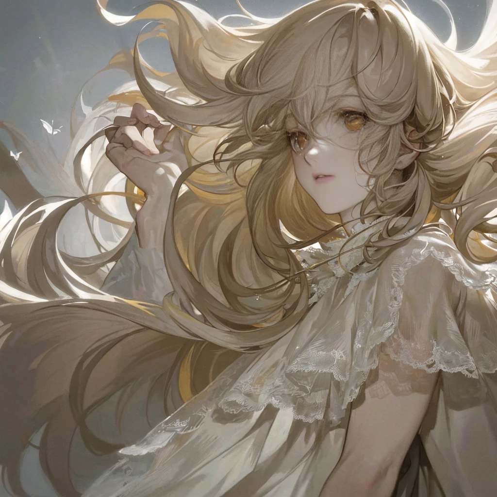 (masterpiece), (best quality), (Extremely detailed),(Messy hair),(illustration), (1 girl), (Fashion), Everlasting, fashion model, Looking at the audience, (interview), (Simple background),Beautiful and delicate eyes, Delicate and beautiful face, Floating flowers, Flowing hair, (shining), Optimal lighting, Best shadow,White long hair, Golden Eyes, Profile picture close-up