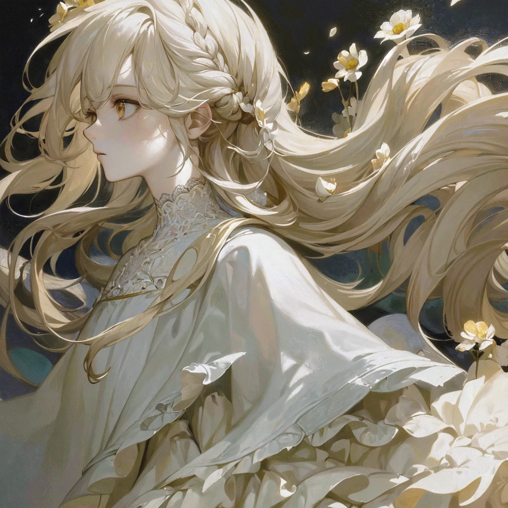 (masterpiece), (best quality), (Extremely detailed),(Messy hair),(illustration), (1 girl), (Fashion), Everlasting, fashion model, Looking at the audience, (interview), (Simple background),Beautiful and delicate eyes, Delicate and beautiful face, Floating flowers, Flowing hair, (shining), Optimal lighting, Best shadow,White long hair, Golden Eyes, Profile picture close-up