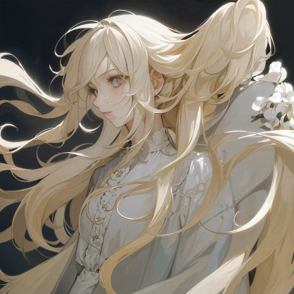 (masterpiece), (best quality), (Extremely detailed),(Messy hair),(illustration), (1 girl), (Fashion), Everlasting, fashion model, Looking at the audience, (interview), (Simple background),Beautiful and delicate eyes, Delicate and beautiful face, Floating flowers, Flowing hair, (shining), Optimal lighting, Best shadow,White long hair, Golden Eyes, Profile picture close-up