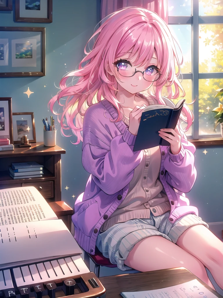 ((8k, Highest quality, masterpiece: 1.3)),Ultra-high resolution,(1 girl, alone), (Color changing eyes, Ultra-detailed, Expressive brilliance, Glitter, Glowing Eyes), Highly detailed eyes, Highly detailed face, Random Hair, ((pastel colour)),A cheerful young woman with pastel pink hair styled into loose waves, sitting at her desk in her sunlit bedroom during a bright morning. She is dressed in a cute yet subtly sexy writer cosplay, wearing an oversized sweater, a pair of knee-length shorts, and reading glasses perched on her nose. The camera captures her from a slightly elevated angle as she smiles warmly while typing on an old-fashioned typewriter, her expression full of creativity and focus. The room is filled with natural sunlight, with a few notebooks and pens scattered on the desk, a cozy blanket draped over the chair, and a warm, literary atmosphere,(nsfw:1.3)

