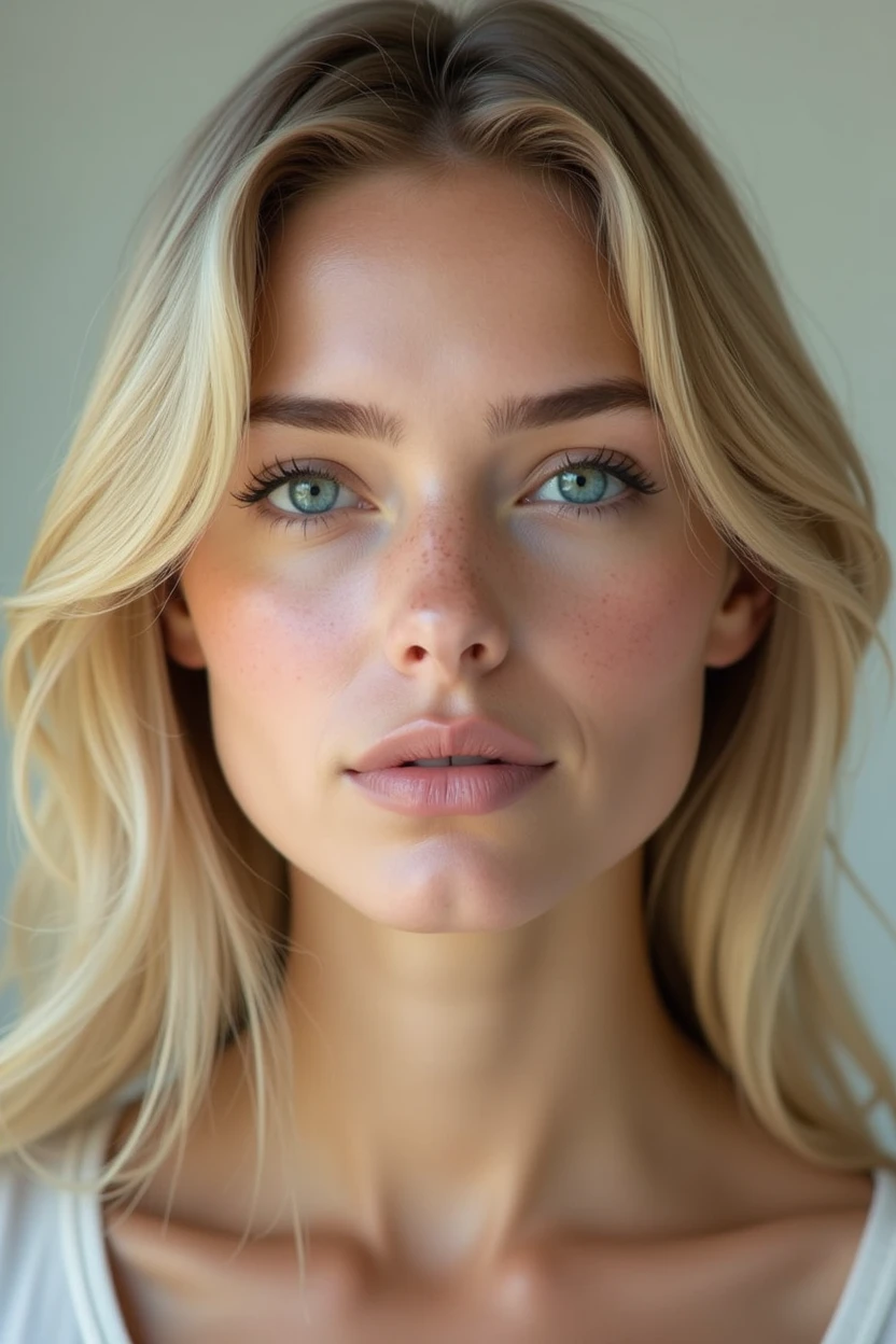 face of a blonde woman, clear eyes, full mouth, but without exaggeration