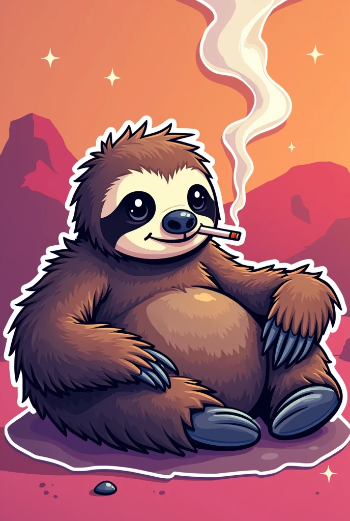 Sloth smoking in pink, orange and purple colors, sticker style
