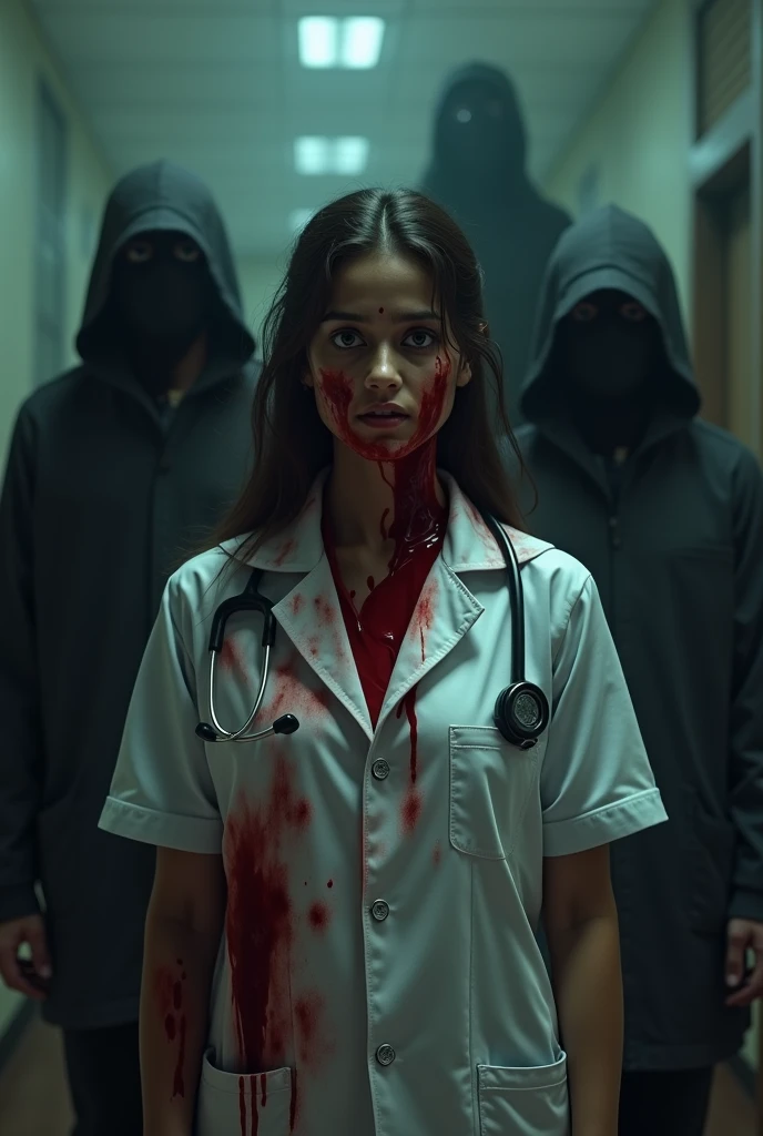 a female doctor being harassed by cruel  hospital, blood everywhere, all eyes on kolkata, beautiful detailed eyes,beautiful detailed lips,extremely detailed eyes and face,longeyelashes, 1 female doctor, 5 cruel men, hospital, blood, realistic, photorealistic, photo-realistic:1.37, best quality,4k,8k,highres,masterpiece:1.2,ultra-detailed, vivid colors, dramatic lighting, intense atmosphere, dark and gritty, horror, digital art