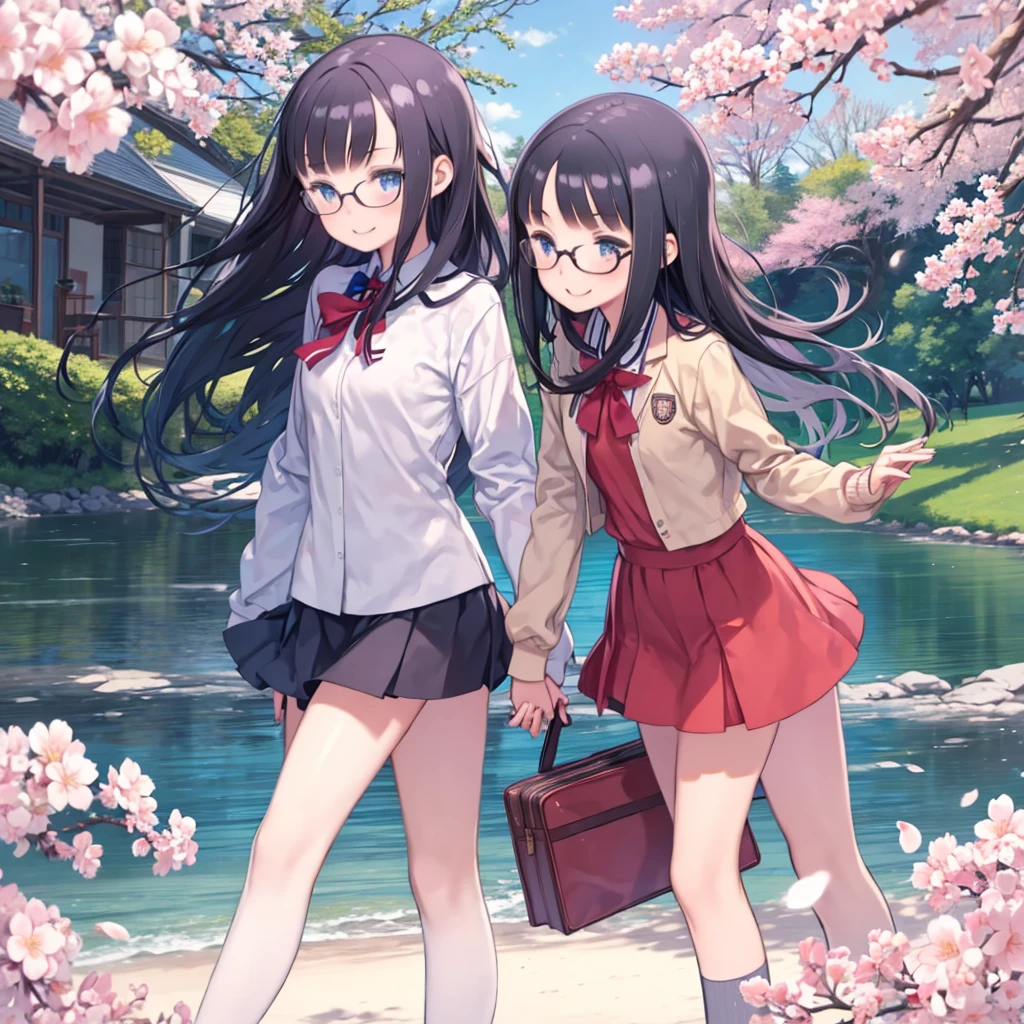 Two Girls、high school student、In uniform、Blonde and blue-eyed、Wavy Hair、A girl with long black hair and glasses、Running hand in hand、Spring scenery、Cherry Blossom、Fluttering in the wind、smile、