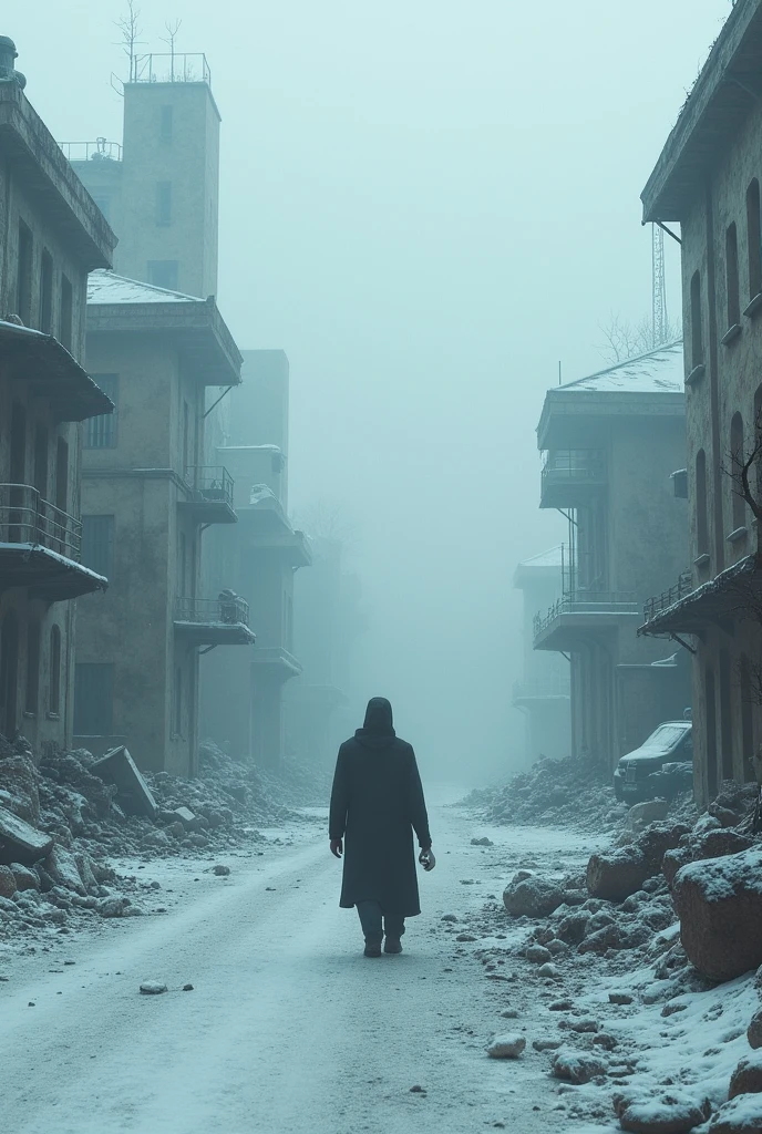 Snow on ruins, mysterious fog, deep and thick, wanderer, crumbling buildings, broken cars, bumpy roads, rubble, ruined modern civilization,