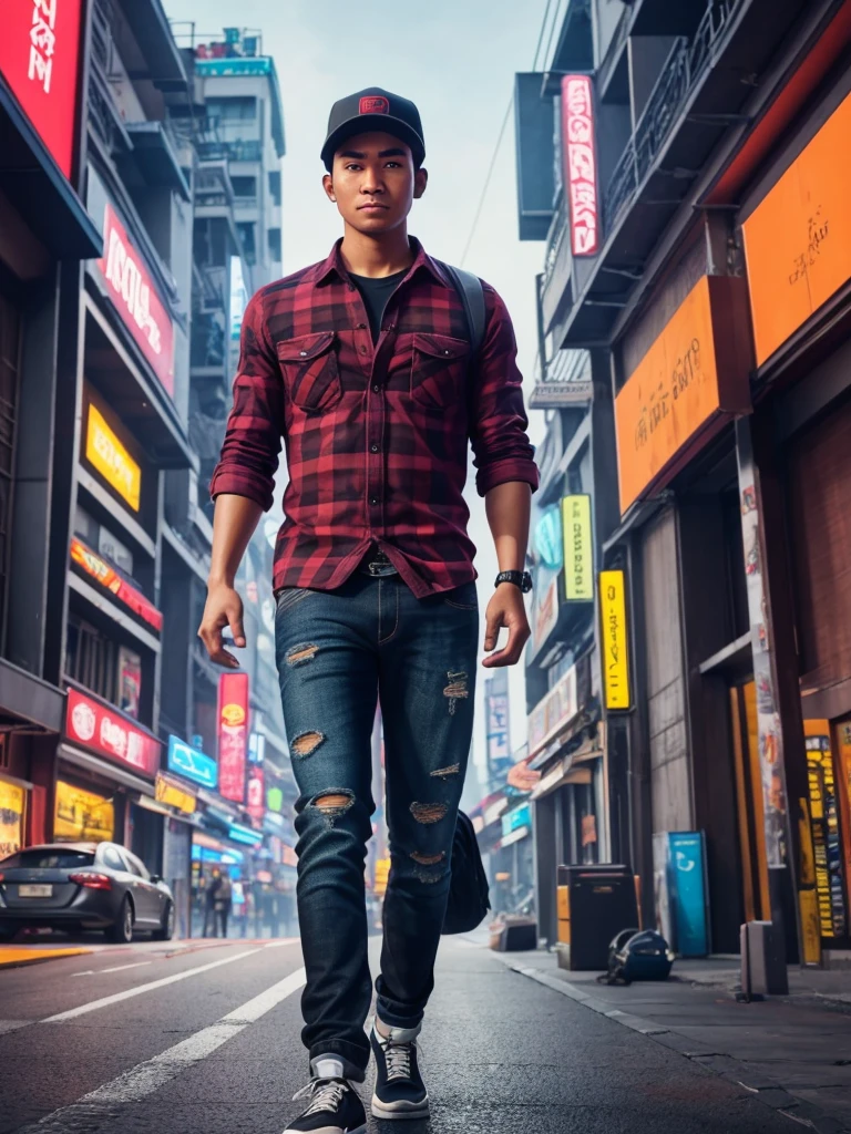 Hyper  realistic, a 26 year old Indonesia man walking on the neon cyberpunk street, ideal body, look straight ahead, wearing dark red flannel shirt and dark ripped jeans pants and black hiking hi-shoes with black backward trucker hat, wear dark leather backpack, wear headphone, one hand holding iPhone 14 Pro Max, a clean face without a mustache, masculine photoshoot pose, arrogant man expression, romantic, Bandung night town as background. Use soft photography lighting. top lighting. top lighting, slide lighting, high quality photos, UHD, 64k. shot with Canon EOS 5D Mark IV, cinematic portrait, Realistic face, not changing face, Real photo, unchanging face, background change. Real Picture 8k ultra, man, gamer, hyper detailed, trending on artstation, sharp focus, studio photo, intricate details, highly detailed, photo real, bright colours, digital graphics, unreal engine, blender art by artgerm, perfect composition, octane rendering, masterpiece, sharp focus, high detail, art station, concept art, perfect composition, a model of ultra-high quality and clarity, perfect play of light and shadow, 32k UHD, hyper-detailing, complex artistic masterpiece