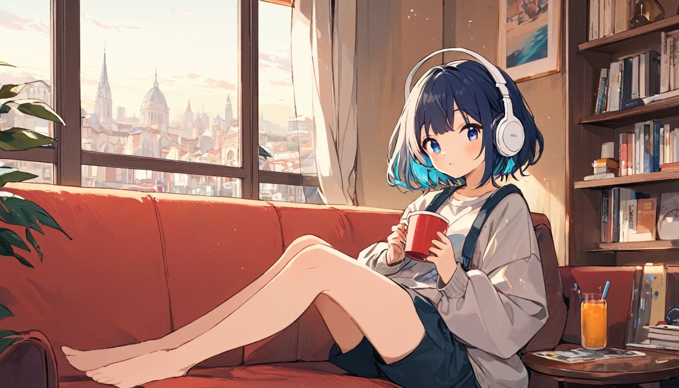 (masterpieces), (best quality), (ultra_detailed), more_details:1.5, perfect, AddNet Weight 1:1.0, Boldline,Weight 1:1.0, masterpiece, best quality, high res, alone, lofi girl, lofi artstyle, lofi art, city, town, Anime Girl, woman sitting on a couch with headphones on and holding a cup, listening to music, listening to godly music, listening to music at 2 am, vibing to music, with headphones, relaxing mood, early morning mood, high quality stock picture, photograph taken in 2 0 2 0, with head phones, girl wearing headphones, the girl on a windowsill, Better hand, better finger, extreme fisheye lens, heterochromia, multicolored eyes, split-color hair,