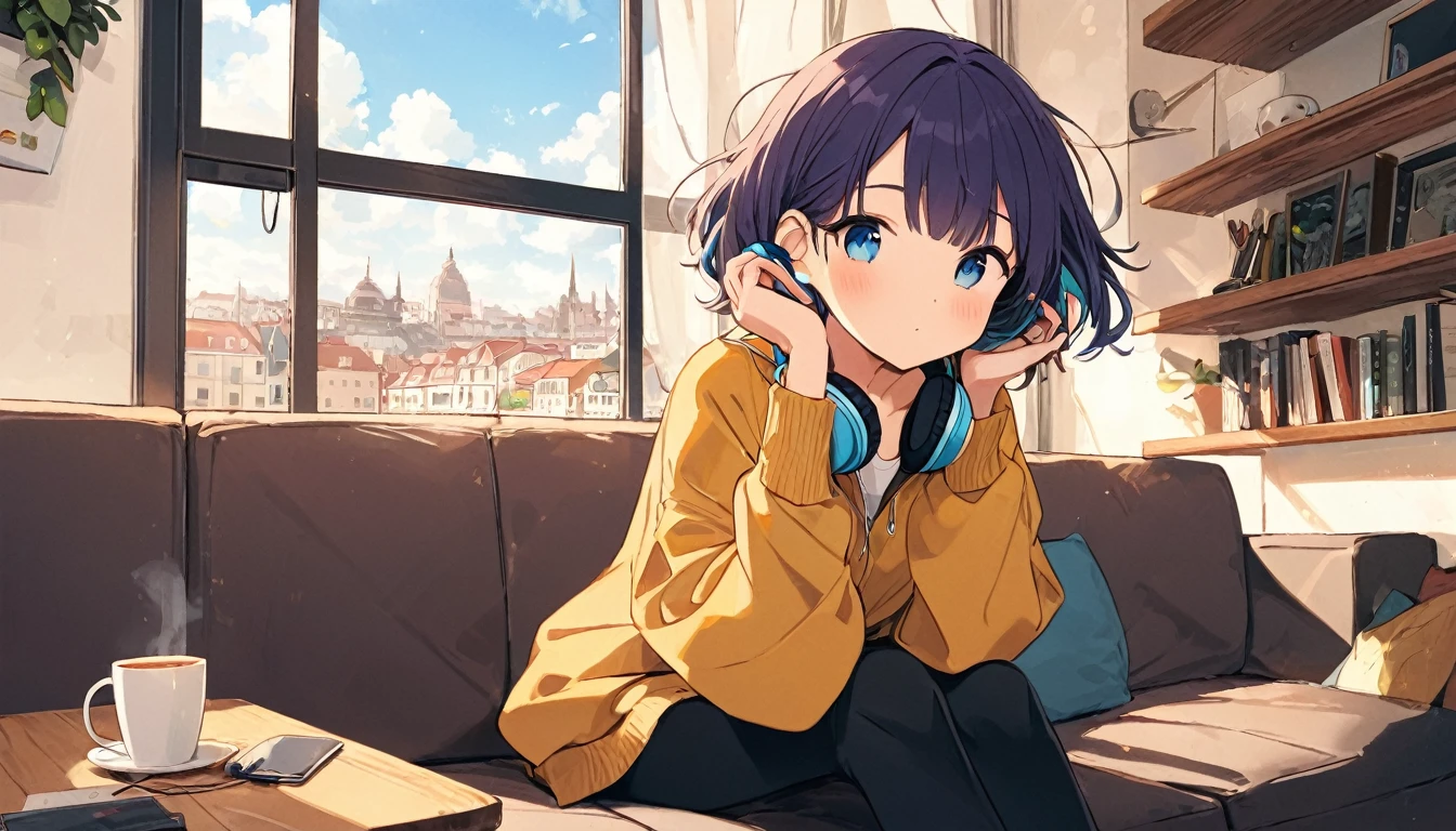 (masterpieces), (best quality), (ultra_detailed), more_details:1.5, perfect, AddNet Weight 1:1.0, Boldline,Weight 1:1.0, masterpiece, best quality, high res, alone, lofi girl, lofi artstyle, lofi art, city, town, Anime Girl, woman sitting on a couch with headphones on and holding a cup, listening to music, listening to godly music, listening to music at 2 am, vibing to music, with headphones, relaxing mood, early morning mood, high quality stock picture, photograph taken in 2 0 2 0, with head phones, girl wearing headphones, the girl on a windowsill, Better hand, better finger, extreme fisheye lens, heterochromia, multicolored eyes, split-color hair,