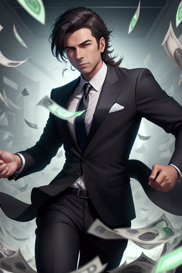 a businessman_UNDEF confident stride amidst swirling wisps of cash and stock tickers HUD popup squalls re _screen ghosted â end vision distorted glowing dollars