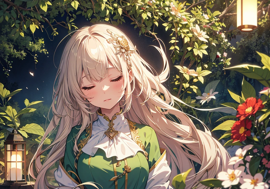 Realistic photos, Focus distance 10mm, Red and white, Beautiful girl, Realistic photos, Shooting at focus distance 10mm, masterpiece, 最high quality, high quality, Very detailed CG 8k wallpaper unit, Award-winning photography, Depth of written boundary, High resolution, bloom, chromatic aberration, Realistic, Very detailed, Art Station Trends, CGsociety Trends, Complex, High detail, dramatic, Art on the go, volumetric lighting, A beautiful girl in the style of "Tiana" is meditating with her eyes closed in a tranquil garden in New Orleans, with a lantern lit behind her and her green dress flowing softly, profile, meditation