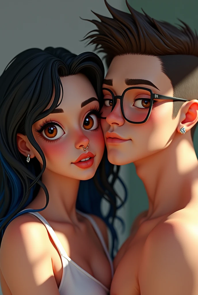 Couple of boyfriends she curvy body big cheeks black hair with blue, big brown eyes fair skinned with a nose and tongue piercing, fair skinned, straight hair styled up and small rectangular glasses