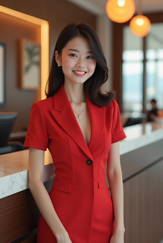 "Create an image of an 18-year-old Asian woman dressed in hotel receptionist attire. She has a cute face and is smiling. The image is full-body, with a slightly revealing outfit, giving a youthful appearance."