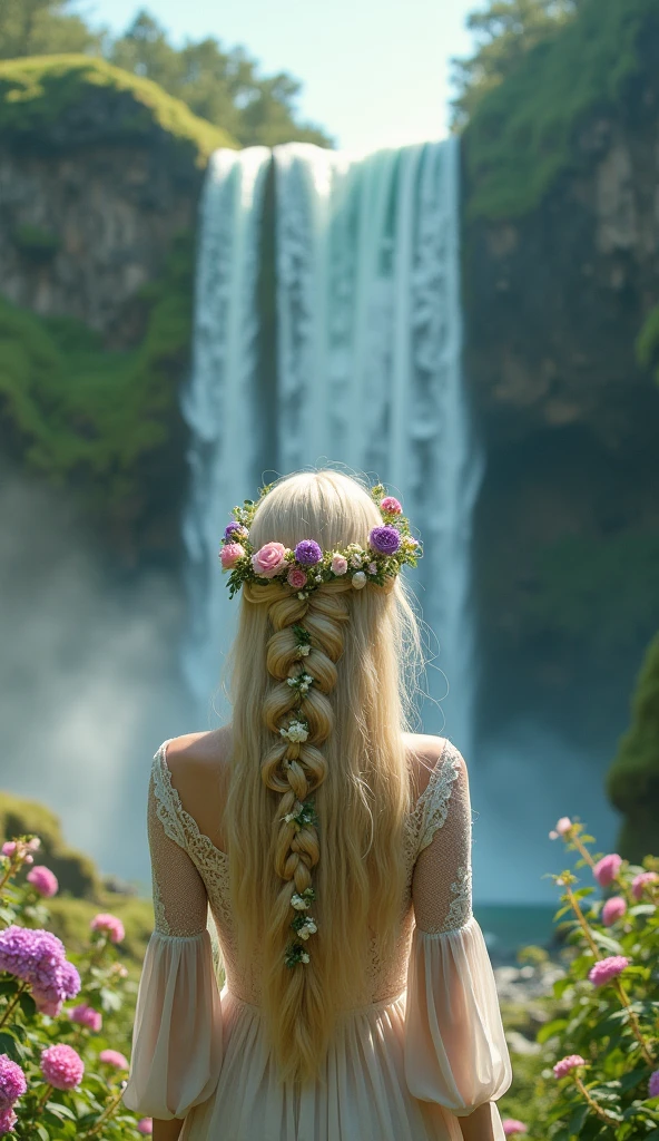 The image depicts a person with long, blonde hair styled in an intricate braid. The hair is adorned with small flowers and a floral crown, adding to the ethereal and fairy-tale-like appearance. The person is wearing a delicate, lace-trimmed dress with long sleeves and is standing with their back to the viewer. In the background, there are two large waterfalls cascading down lush, green cliffs, surrounded by blooming pink and purple flowers, creating a serene and magical atmosphere. The overall scene gives a sense of fantasy and natural beauty.