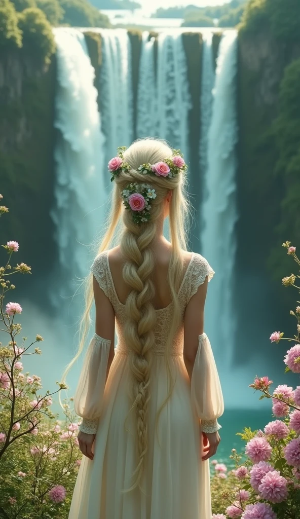 The image depicts a person with long, blonde hair styled in an intricate braid. The hair is adorned with small flowers and a floral crown, adding to the ethereal and fairy-tale-like appearance. The person is wearing a delicate, lace-trimmed dress with long sleeves and is standing with their back to the viewer. In the background, there are two large waterfalls cascading down lush, green cliffs, surrounded by blooming pink and purple flowers, creating a serene and magical atmosphere. The overall scene gives a sense of fantasy and natural beauty.