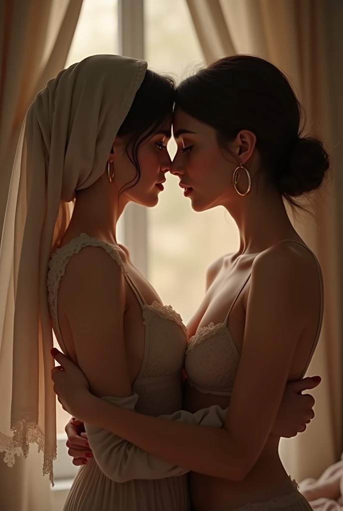 two hijab lesbian girl,lace bra,hugging from behind,kissing,realistic,hd details,camera view