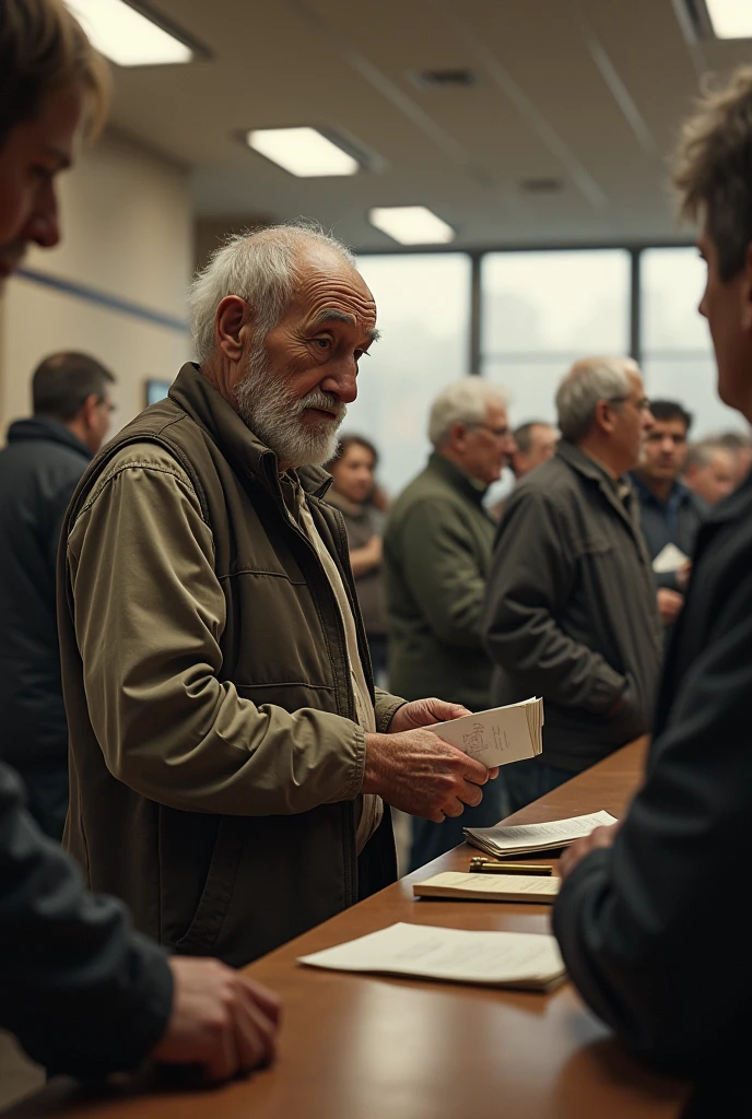 An old man went to the bank to withdraw money with serial and some people were standing on one side of him and some people were sitting on the other side