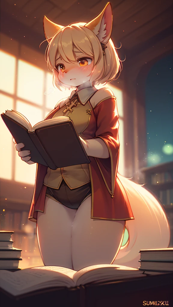 antro (brown owl), winged arms, female, large breasts, beak, round glasses, flowery short dress, large lacy panties, wide hips, fat body, huge thighs, huge ass, rear view, lying on a sofa, library background, realistic lighting, top, bottom, embarrassed smile