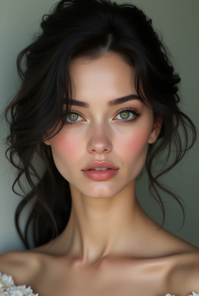 face of a white woman with black hair, clear green eyes