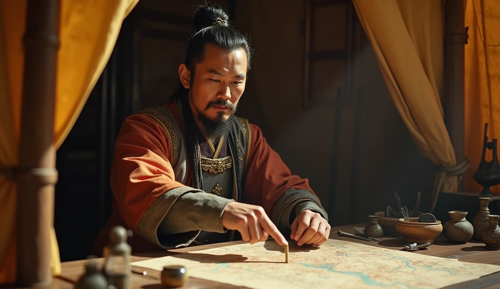 A screenshot from a movie clip，Shot with ultra-clear camera，Describe the Warring States Period，A military advisor from the state of Qi sat in his tent.，There is a map in front of him，He holds a bamboo slip in his left hand，Right hand pointing at the map