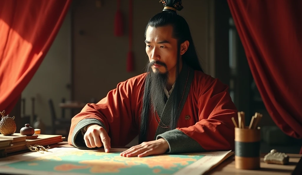 A screenshot from a movie clip,Shot with ultra-clear camera,Describe the Warring States Period,A military advisor from the state of Qi sat in his tent.,There is a map in front of him,He holds a bamboo slip in his left hand,Right hand pointing at the map