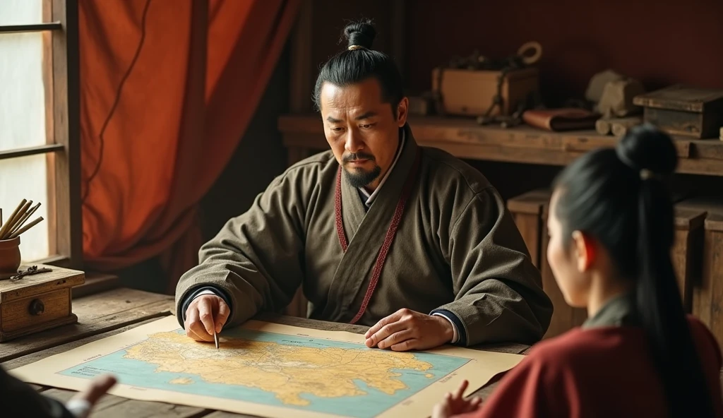 A screenshot from a movie clip，Shot with ultra-clear camera，Describe the Warring States Period，A military advisor from the state of Qi sat in his tent.，There is a map in front of him，He holds a bamboo slip in his left hand，Right hand pointing at the map