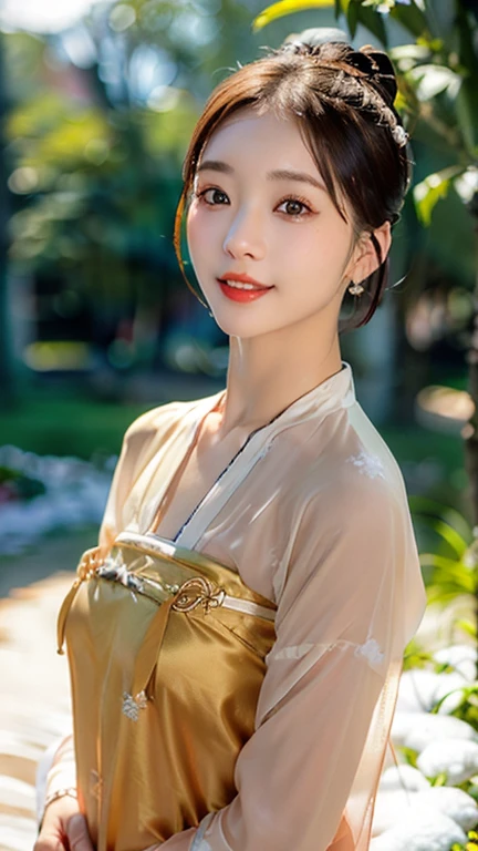 (1 girl, youthful gorgeous Lady,  brown_eyes, brown_hair, cross_earrings, earrings, jewellery, Ancient China, Traditional Hanfu, Silk Hanfu, Hanfu, natural pose in a snowy night,  

Detailed Beautiful face, Detailed Facial Features, beautiful eyes, dimples, snaggle-tooth, Kind smile, Red lips, short hair, bob hair, cute ponytail, extremely detailed eyes,  extremely detailed face, beautiful detailed lips, long eyelashes, arms close together, ears out, golden ratio face, golden ratio body, perfect body anatomy, huge breasts, big breasts, 

(SNOW:1.3),
Night outdoors,  snow flakes, snow, winter,
(best quality, 4K, 8k, highres, masterpiece:1.2), ultra-detailed, (realistic, photorealistic, photo-realistic:1.37), HDR, UHD, sun light, ultra-fine painting, sharp focus, physically-based rendering, extreme detail description,  professional, Vivid Colours, award-winning, Bokeh_Background, cowboy_shot, SFW, Safe for Work)
