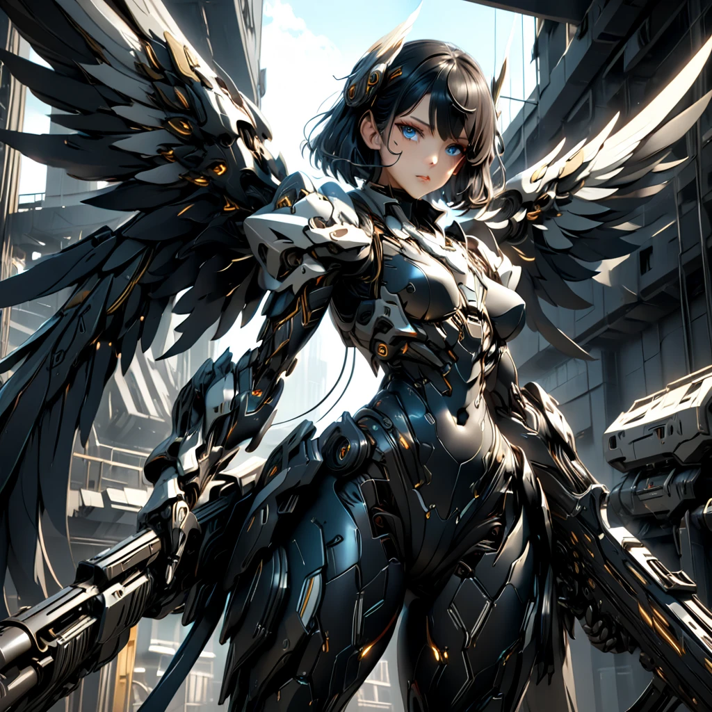 black hair, messy hair, short hair, atmospheric perspective, 8k, super detail, best quality, cinematic lighting, masterpiece, Mechanical body, blue steel body parts, large wings growing from its back, detailed face, detailed eyes, anime style, Her thighs are exposed and showing skin, rifle, Hold the rifle and aim, science fiction, Futuristic combat android, Beautiful woman