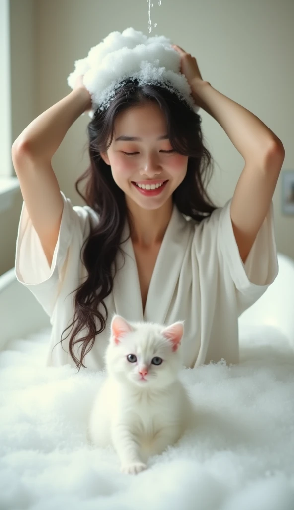 Create an Asian beauty with long hair,Regular facial features,Wearing a white satin bathrobe,Washing hair with both hands above the head,A cute white kitten next to it plays with the foam,Real bubbles,Foam envelops the beauty's entire head,Beautiful girl opens her eyes,The expression is happy,Upper Body,The characters are realistic and realistic,Bathroom Background,Character front position,9:16 frames,Ultra-high-definition picture quality