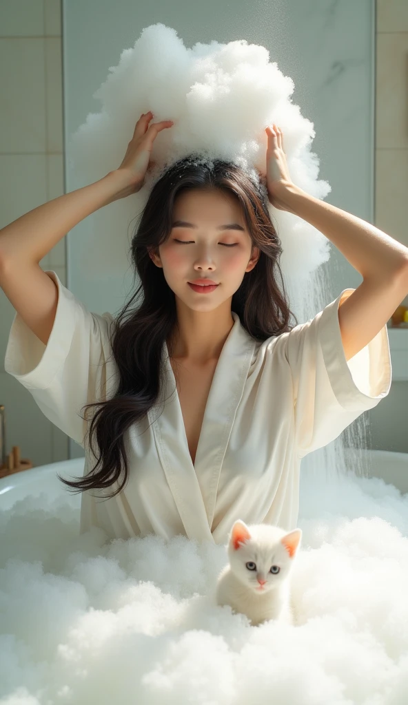 Create an Asian beauty with long hair,Regular facial features,Wearing a white satin bathrobe,Washing hair with both hands above the head,A cute white kitten next to it plays with the foam,Real bubbles,Foam envelops the beauty's entire head,Beautiful girl opens her eyes,The expression is happy,Upper Body,The characters are realistic and realistic,Bathroom Background,Character front position,9:16 frames,Ultra-high-definition picture quality