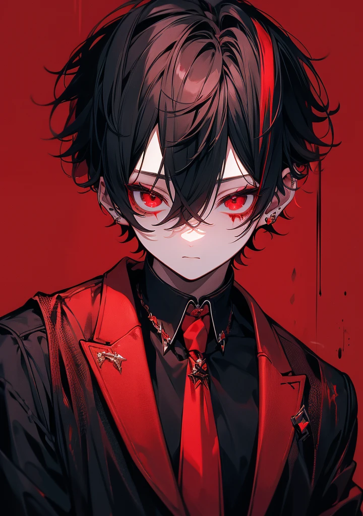 Cute boy,  bid, male, attractive, elegant, Red Eye，Short, fine hair，Performance，Black Hair，Red background horror, Blood, 吸Blood鬼, tooth