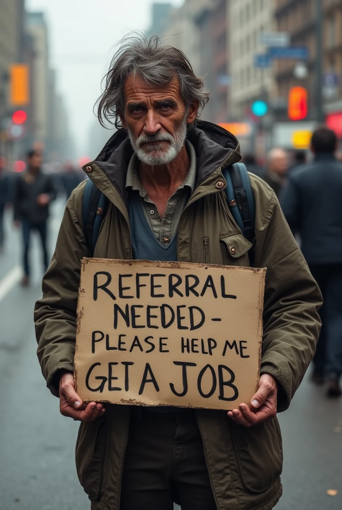 A begger is bagging on the road he need referal to get job in the company so put referral text in his box