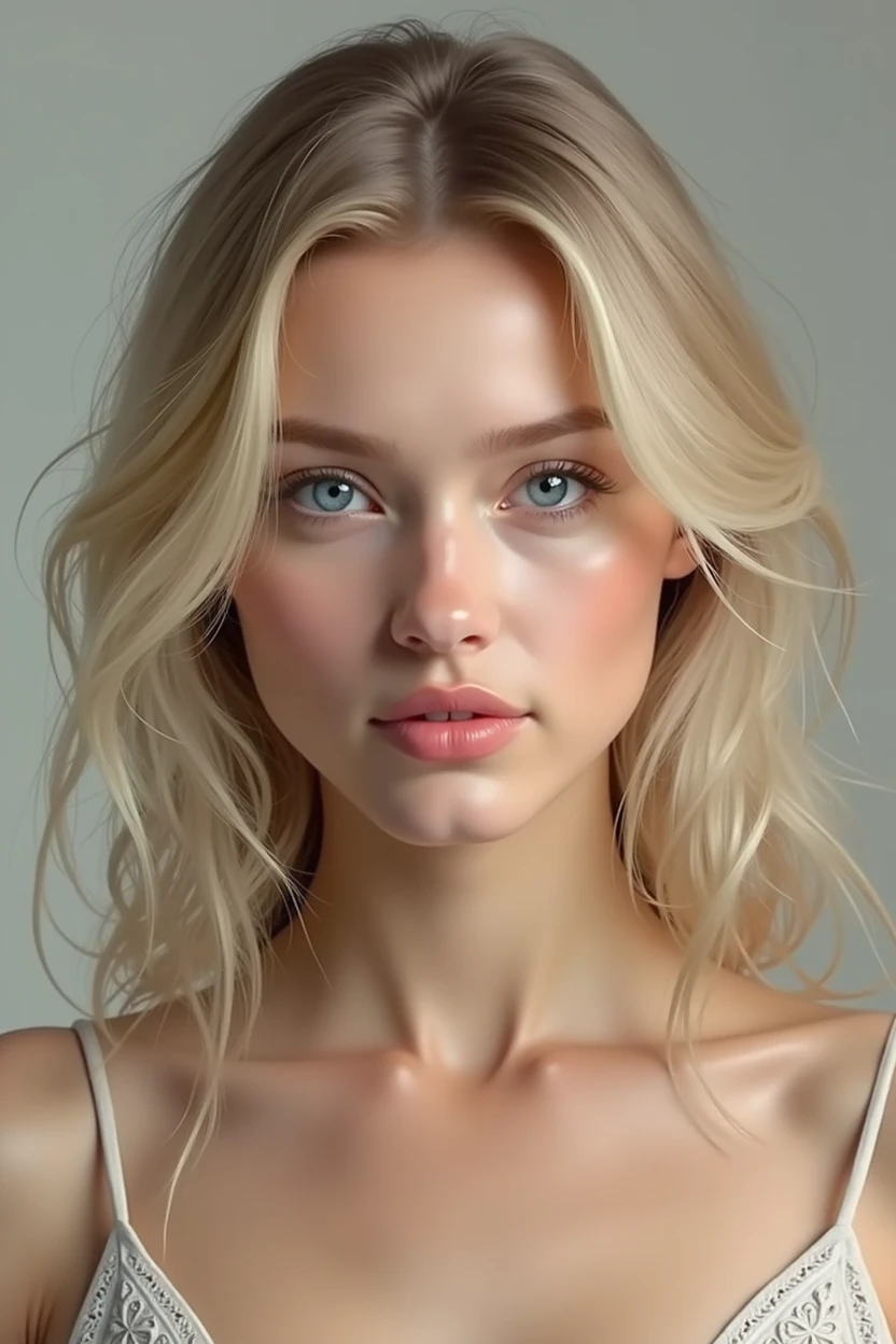 face of a blonde woman, clear eyes, full mouth, but without exaggeration