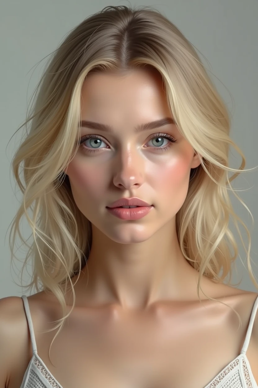 face of a blonde woman, clear eyes, full mouth, but without exaggeration