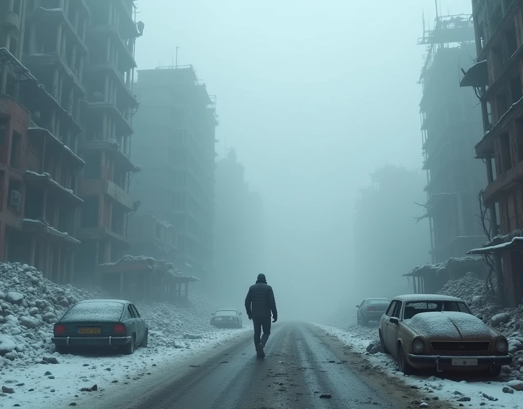 Snow on ruins, mysterious fog, deep and thick, wanderer, crumbling buildings, broken cars, bumpy roads, rubble, ruined modern civilization,