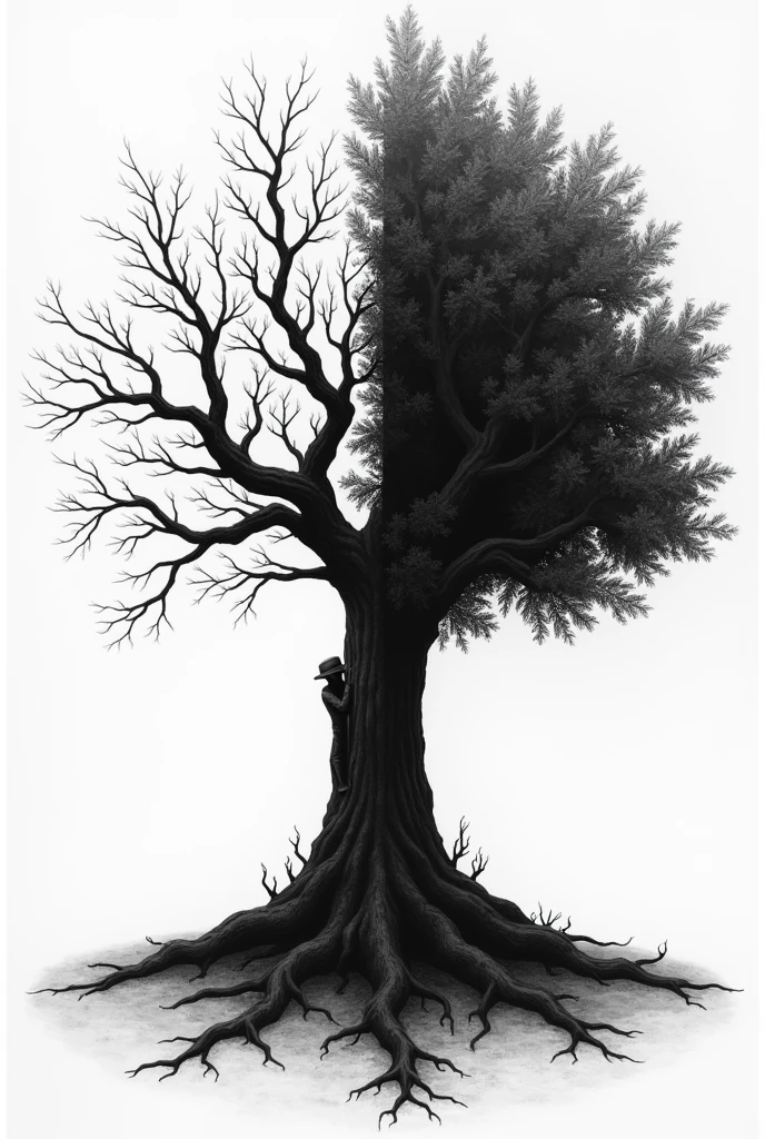 A tree of life in black and white, whose left half is white, death and without leaves ; and the right half is black, living with leaves. Behind the trunk a man is hidden and we only see half of him.