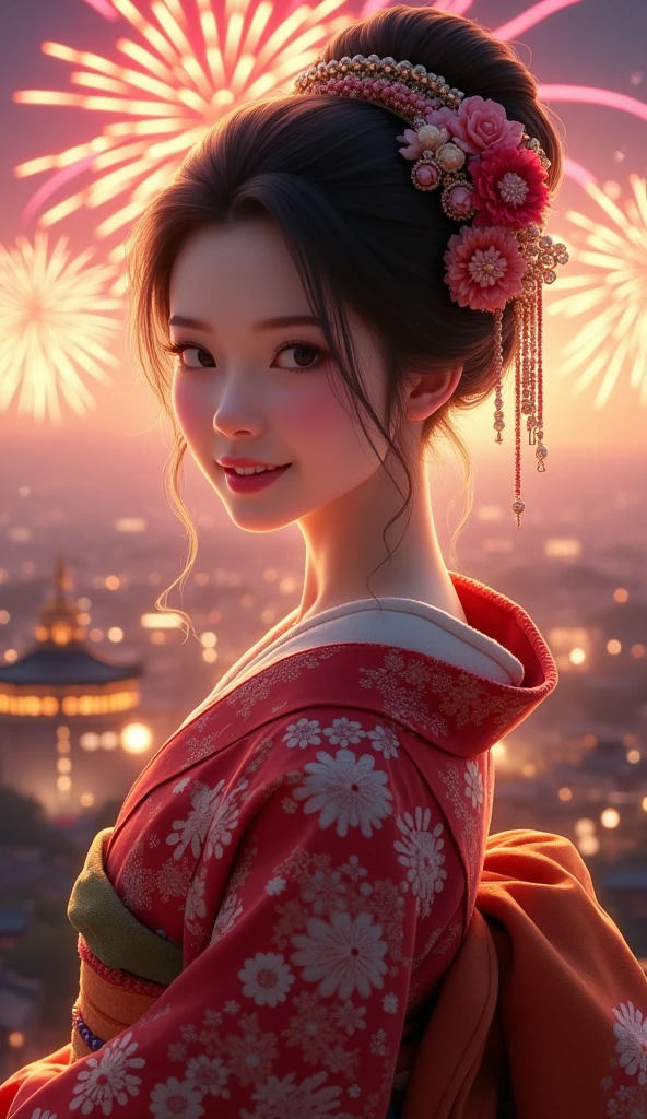 Princess of the Edo period in Japan、20age、Beautiful kimono、The face is very beautiful and well-proportioned、smile、The background is a view of the fireworks festival from the castle to the castle town.