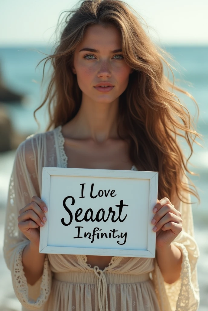 Beautiful girl with wavy long hair, bohemian dress, holding a white board with text "I Love Seaart Infinity" and showing it to the viewer